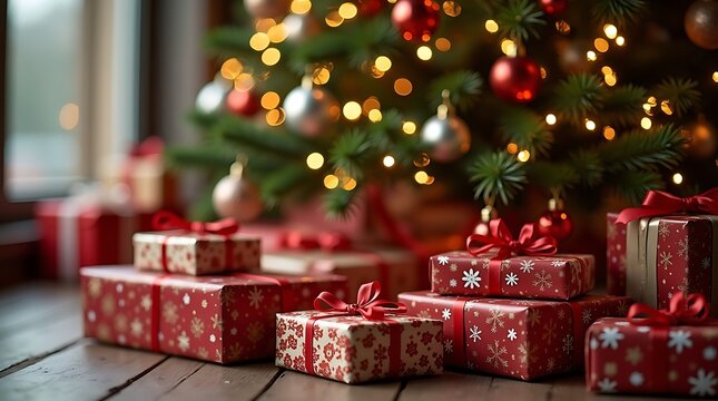 A festive scene with a Christmas tree, heavy with ornaments and glowing softly