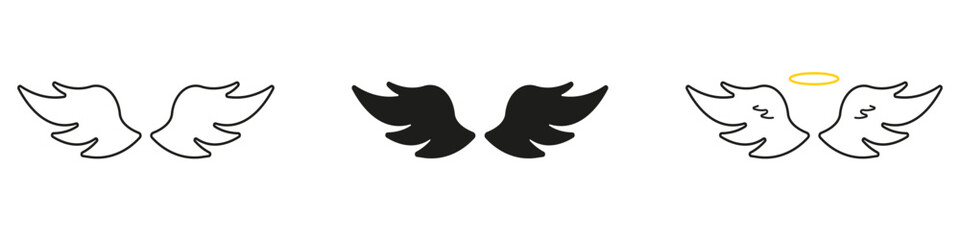 Angel Wings With Halo Line And Solid Icon Set. Spirituality, Protection, And Guardian Symbol Outline And Silhouette Symbol Collection. Celestial And Divine Concept. Isolated Vector Illustration