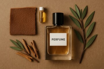 a bottle of 'Perfume', a dropper, a wooden mat, and natural elements like leaves and twigs