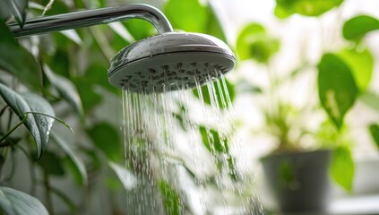 Showerhead with water running, plant in the background, white bathroom, close-up shot, green plants, professional photography