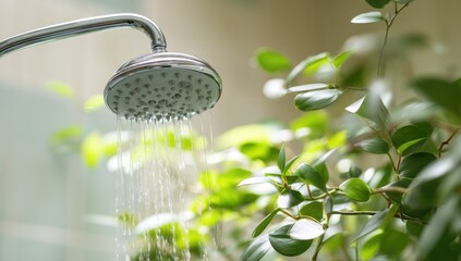 Showerhead with water running, plant in the background, white bathroom, close-up shot, green plants, professional photography