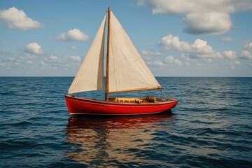 Fototapeta premium A Red Sailboat Gliding on Calm Waters Under a Blue Sky with White Clouds
