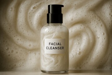 A Close-Up on a Facial Cleanser Bottle Against a Swirling Backdrop
