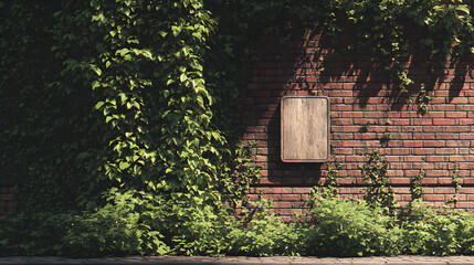 A charming brick wall adorned with lush green ivy features a blank sign, perfect for customization. The ambiance suggests a cozy alleyway, inviting exploration and creativity in a quaint setting.