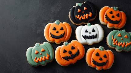 Halloween pumpkin-shaped cookies displayed on a black background.
