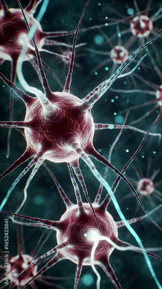 Poster microscopic red neuron cluster network with teal background and intricate nerve fibers for science s