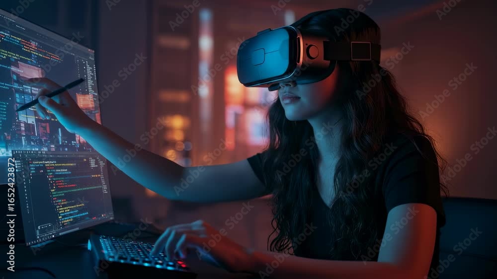 Aufkleber young woman programmer wearing virtual reality headset, coding software for metaverse or web3 develo