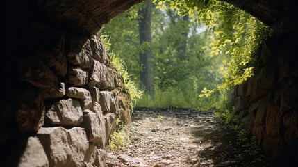 Ancient stone passage surrounded by vibrant woodland foliage, ideal for hiking brochures, environmental campaigns, and mystical landscape compositions