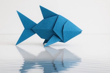 A solitary blue origami fish glides effortlessly on a reflective surface, embodying the art of simplicity and tranquility