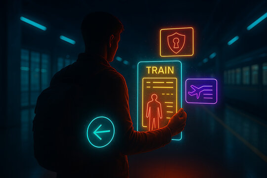 Traveler accessing digital train ticket and security information at futuristic station - Powered by Adobe