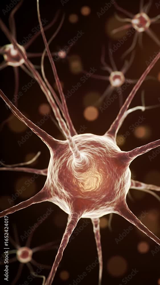 Poster neuron cell body glowing with internal light in detailed structure and brown bokeh particle backgrou