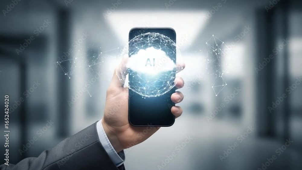 Poster a person holding a smartphone with an ai cloud and network connections displayed on the screen app
