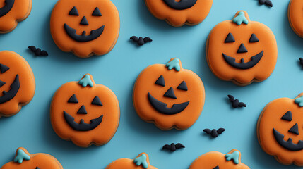 Halloween pumpkin-shaped cookies displayed on a blue background.

