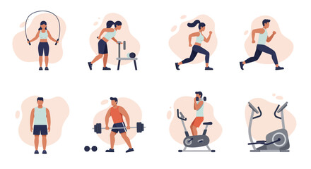 Diverse group engaged in various fitness activities and exercises isolated on white background, promoting a healthy and active lifestyle with different equipment