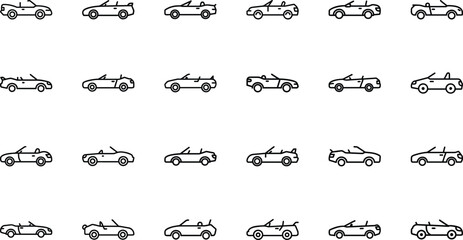 Collection of Minimal Line Icons Representing Various Vehicles Including Cars, Trucks, Buses, Motorcycles, Bicycles, Construction Equipment, and Emergency Vehicles