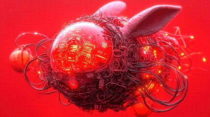 Mid autumn festival concept. Futuristic creature with circuits against a vibrant red background.