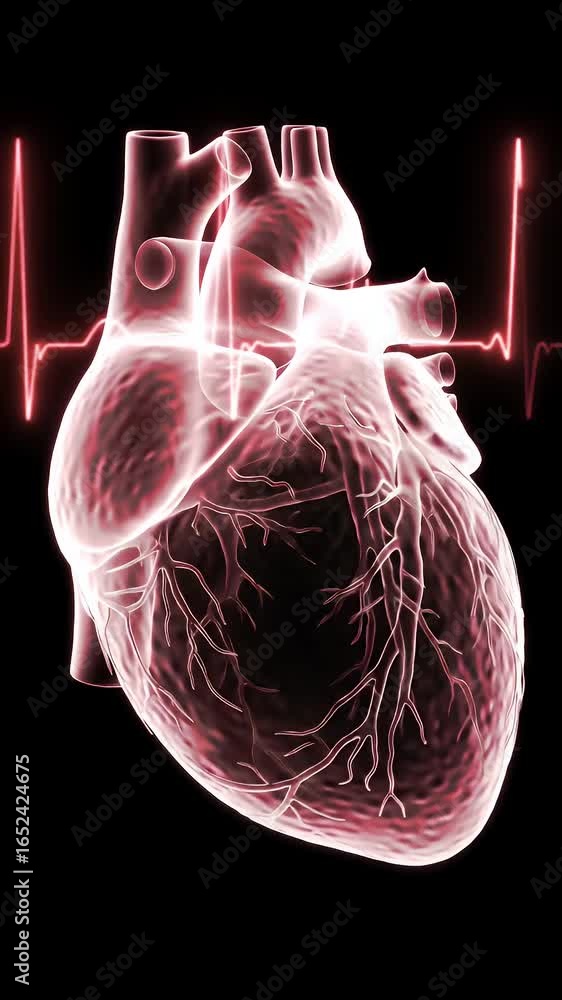 Poster pulsating translucent anatomical heart render with ekg rhythm in red and white on black background