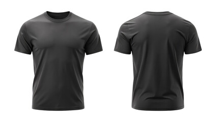 black t shirt round neck template from two sides isolated on transparent white background, clipping path