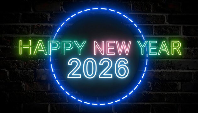 Neon Happy New Year 2026 on a brick wall - Powered by Adobe