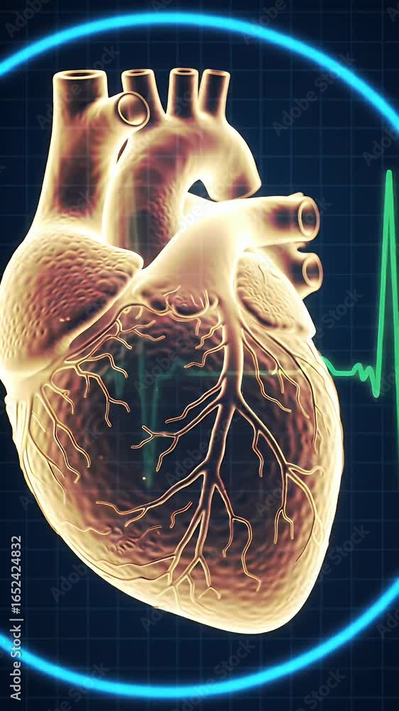 Poster realistic 3d animated heart model in translucent crystal rotating against blue grid and green monito