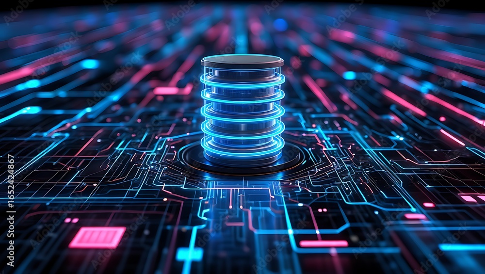 Poster abstract digital art representing a glowing blue and pink data server or central processing unit on 