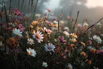 and keyword list based on the image, following your specifications

 Daisies, assorted flowers blooming in foggy field at daybreak, rural countryside