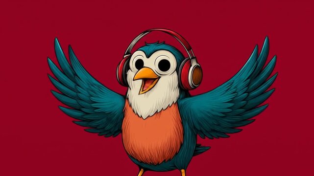 Animated bird character wearing headphones, flapping wings and dancing to music on red background