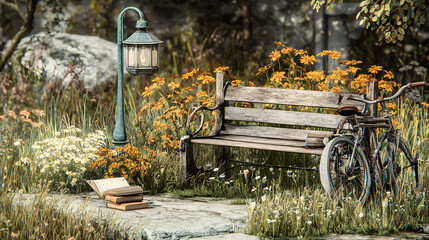 Garden scene with bench, bicycle, and book