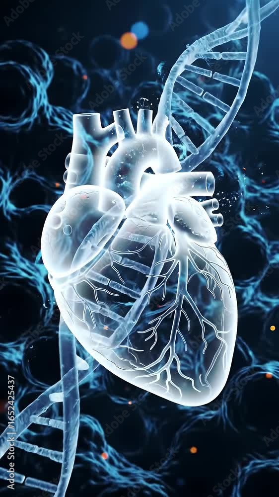 Poster rotating translucent crystal heart with dna helix dark swirling background and faint orbs in dynamic