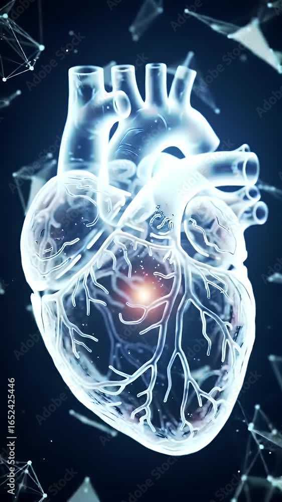 Poster rotating translucent crystal heart with glowing geometric shapes in a digital animation with shiftin