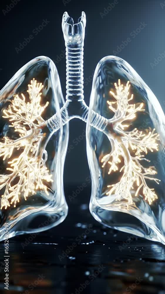Poster rotating translucent crystalline human lungs animation with hexagonal cellular background in deep vi
