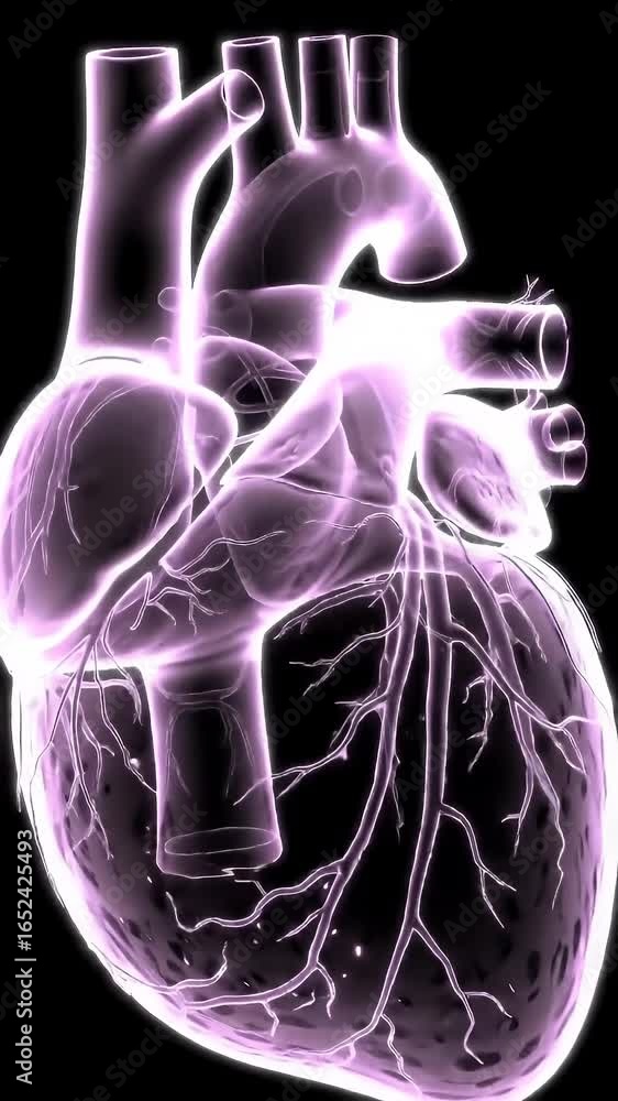 Poster rotating translucent crystalline human heart double helix in teal and violet hexagonal cellular back