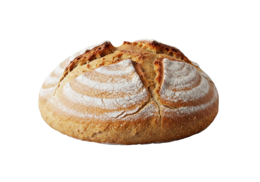 Rustic whole wheat loaf with golden-brown crust, flour dustings, dense crumb, on seamless transparent background, ultra realistic studio lighting, no shadows. Concept of fresh artisanal food