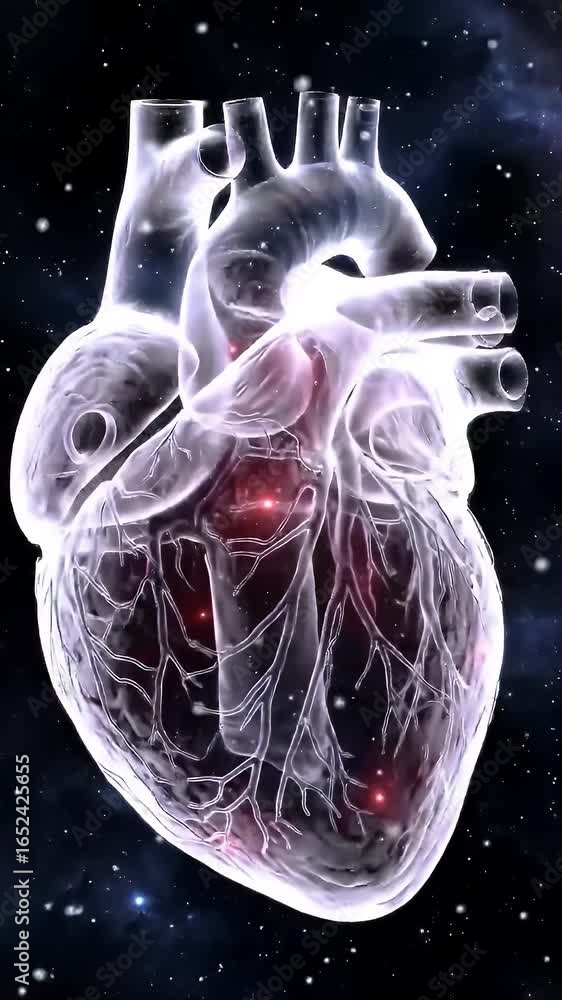Poster semi transparent crystalline heart model pulsating with soft ethereal glow against cosmic starry neb