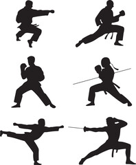 Martial Arts Silhouettes Karate Fighting Poses Isolated On White vector illustration