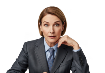 Surprised businesswoman shocked expression corporate suit professional woman portrait looking scared isolated on transparent background