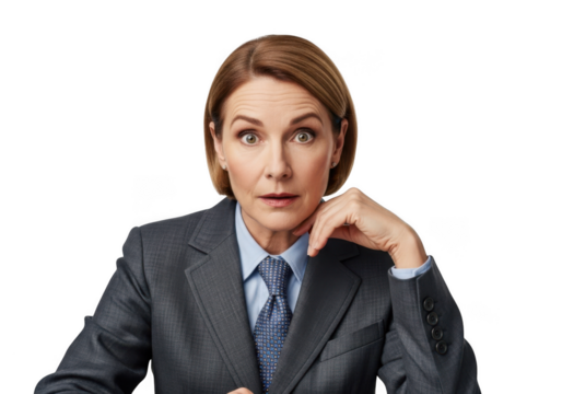 Surprised businesswoman shocked expression corporate suit professional woman portrait looking scared isolated on transparent background