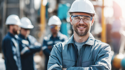 Confident construction supervisor in white hard hat and safety glasses