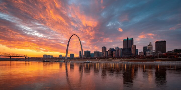St. Louis skyline with the Gateway Arch in the background at sunset, Photographic City Skyline in the style of Stographic.