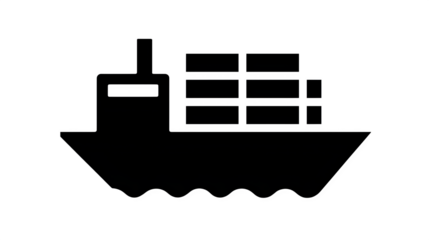Filled black flat icon of a cargo ship with containers, minimal style, isolated on transparent background