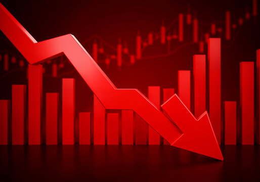 3d render of a red arrow pointing diagonally downwards symbolizing financial loss, fail,  negative trend or decline. The background consist of a blurred glowing red financial bar chart.