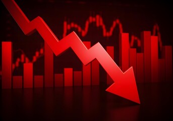 3d render of a red arrow pointing diagonally downwards symbolizing financial loss, fail,  negative trend or decline. The background consist of a blurred glowing red financial bar chart.