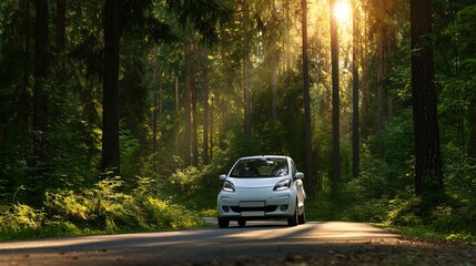 Obraz premium White car driving on road through forest sunlight