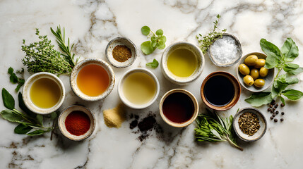 A beautiful array of ingredients on a marble surface, featuring bowls of olive oil, sauces, spices, olives, and herbs. Perfect for culinary inspiration or a vibrant cooking project!