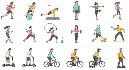 Collection of diverse fitness activities and exercises isolated on white background, showcasing a healthy and active lifestyle with various sports and workouts