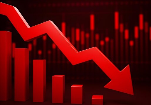 3d render of a red arrow pointing diagonally downwards symbolizing financial loss, fail,  negative trend or decline. The background consist of a blurred glowing red financial bar chart.