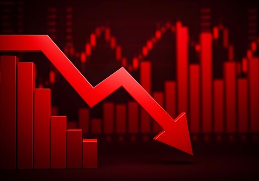 3d render of a red arrow pointing diagonally downwards symbolizing financial loss, fail,  negative trend or decline. The background consist of a blurred glowing red financial bar chart.