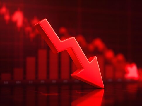 3d render of a red arrow pointing diagonally downwards symbolizing financial loss, fail,  negative trend or decline. The background consist of a blurred glowing red financial bar chart.
