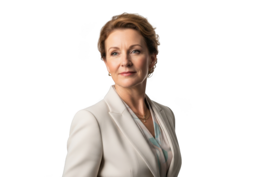 Professional female executive portrait in white suit, businesswoman headshot, corporate leader image, isolated on transparent background - Powered by Adobe