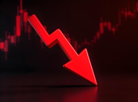 3d render of a red arrow pointing diagonally downwards symbolizing financial loss, fail,  negative trend or decline. The background consist of a blurred glowing red financial bar chart.
